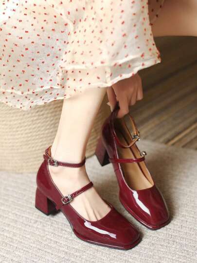 Tacones altos de mujer color burdeos, zapatos Mary Jane de tacón grueso, punta cuadrada, suela gruesa, impermeables, a la moda y elegantes