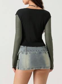 Women T-Shirt Long Sleeve Crew Neck Star Stripes Slim Fit Ladies Tops For Casual Daily