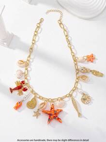 1pc Handmade Beach, Sea, Ocean Fish And Coral Shell Multi-Charm Summer Necklace For Vacation (Shape And Color Have Random Variation) - Multicolor - View 4