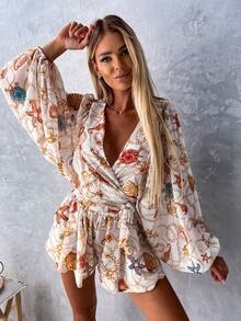Fashionable Flower Random Print V-Neck Long Sleeve Jumpsuit - Apricot - View 2