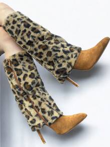 REVREAL Black Faux Fur Fashion Stiletto Boots - LEOPARD - View 2