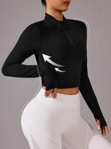 1 件女式短款拉链领 T 恤 - 黑色 - 查看 3