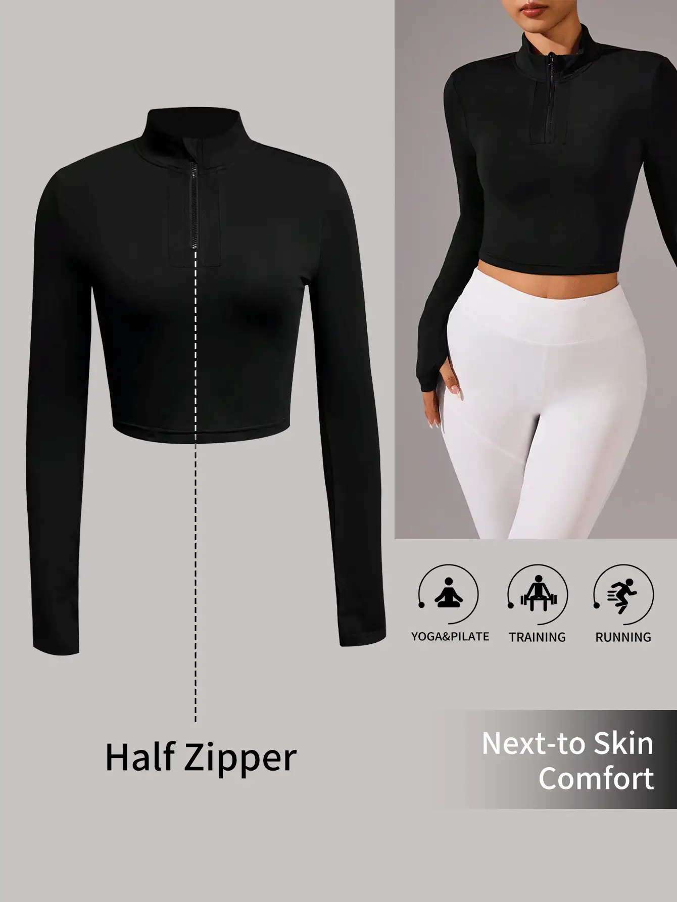 1 件女式短款拉链领 T 恤 - 黑色 - 查看 2