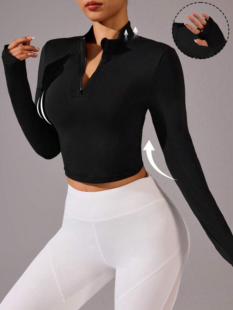 1 件女式短款拉链领 T 恤 - 黑色 - 查看 1