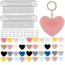 52 Stücke Herzförmiger Flauschiger Bommel Schlüsselanhänger Set, DIY Bastelset beinhaltet 12 Stücke Fellbälle, 20 Stücke Metallringe und 20 Stücke Schlüsselanhänger, ideal als Schlüsselanhänger für Frauen, Taschenanhänger, Valentinstag Geschenk, Autoaccessoires, Schule
