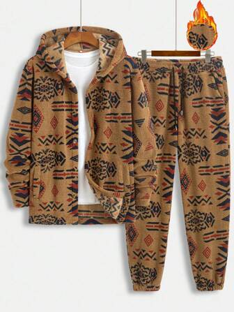 男士几何印花保暖内衬长袖连帽衫和裤子套装，秋冬