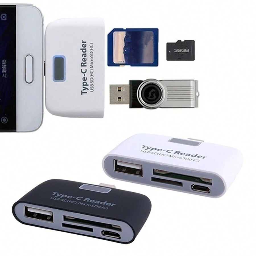 Adaptador multifuncional inteligente 4 en 1 con puerto de carga USB, lector de tarjetas TF y SD, y conector USB tipo C universal OTG para laptop y teléfono móvil - Multicolor - Ver 1