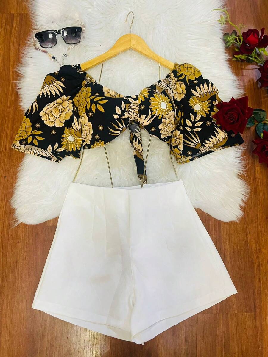 Belala Moda One Size Shirt Set That Ties At The Back With Elastane And Print, Shorts With Zipper And No Pocket - 白色 - 查看 1