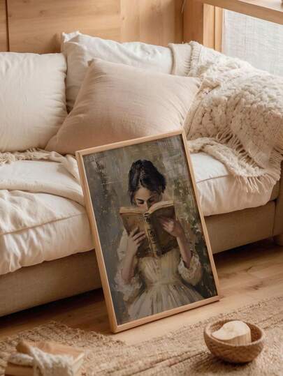 1pc Vintage Style Canvas Painting Of Woman Reading, Frameless, Subtle Academic Decor Painting, Victorian Style, Suitable For Reading Corner, Bedroom, Home Library
