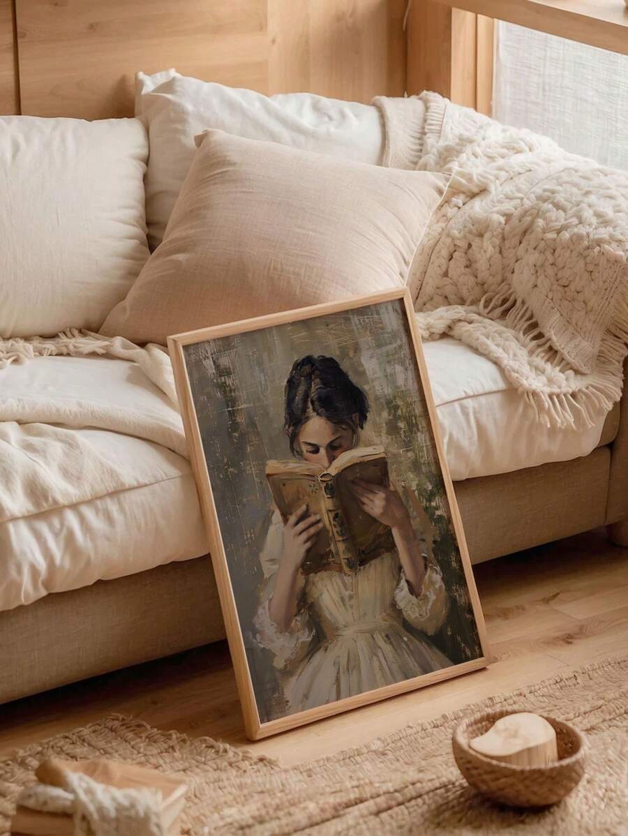 一幅复古风格帆布油画，描绘了一位正在阅读的女子，无框，风格雅致，适合装饰阅读角、卧室或家庭图书馆。 - 彩色 - 查看 1