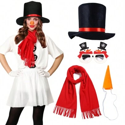 4 stuks Kerstmis Sneeuwman Kostuum Hoed Sjaal Bril Nep Wortel Neus Voor Kerstfeest Cosplay (Zonder Kleding)