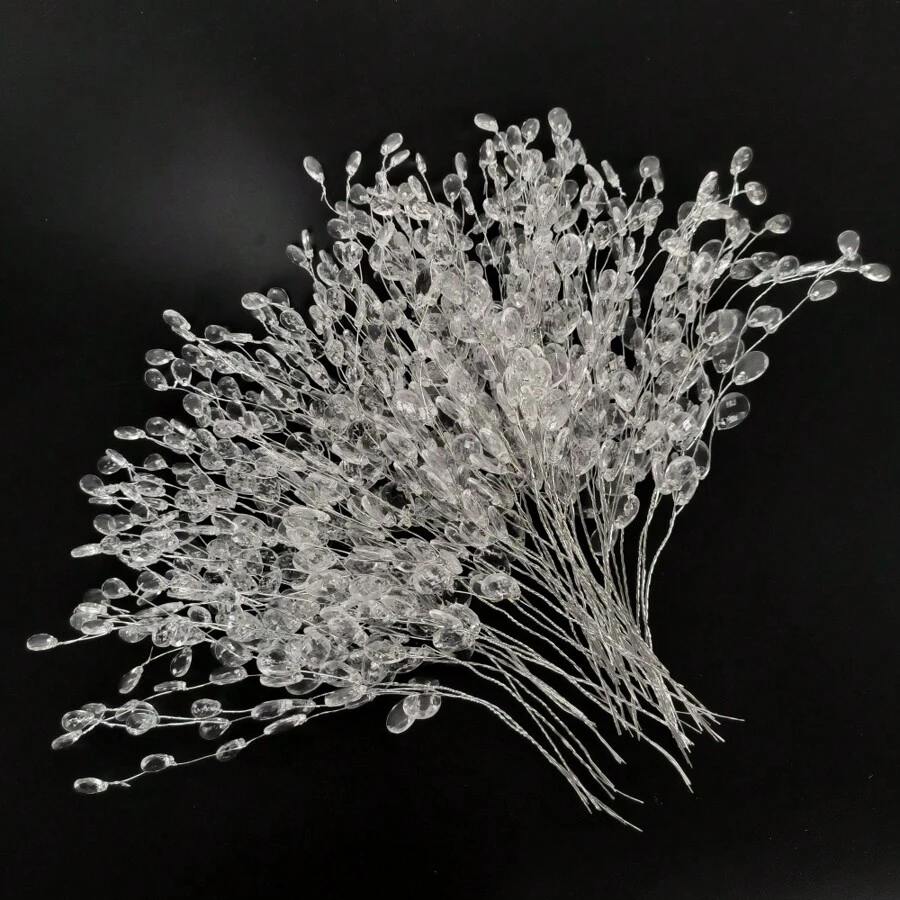 50pcs Acrylic Bead Pendant Flower Stems Bouquet Crystal Flower Buds Branches, Suitable For Wedding Home Decor Floral Crafts - White - View 1