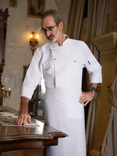 Jaqueta de chef personalizada premium plus size, manga comprida, bordado de coroa, design de gola assimétrica lateral, respirável e agradável à pele, unissex, para buffet, padaria, confeitaria, cozinha, hotel, restaurante, cafeteria, outono/inverno/primavera, uniforme de chef de manga comprida, jaqueta de chef branca, casaco de chef executivo