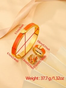 1set/4pcs New Round Roman Numerals Bracelet Stainless Steel Enamel Bangles Ring Earrings Jewelry Set Women Orange Color - Orange Color - View 3