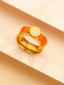 1set/4pcs New Round Roman Numerals Bracelet Stainless Steel Enamel Bangles Ring Earrings Jewelry Set Women Orange Color - Orange Color - View 5