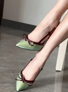 Fall/Winter French Elegant Bowknot High Heel Shoes For Women, Pointed Toe Thin Heel Sexy Fairy Style Buckle Satin Closed Toe Sandals Valentines, Elegant, Party,Stiletto Heels - Green - View 2
