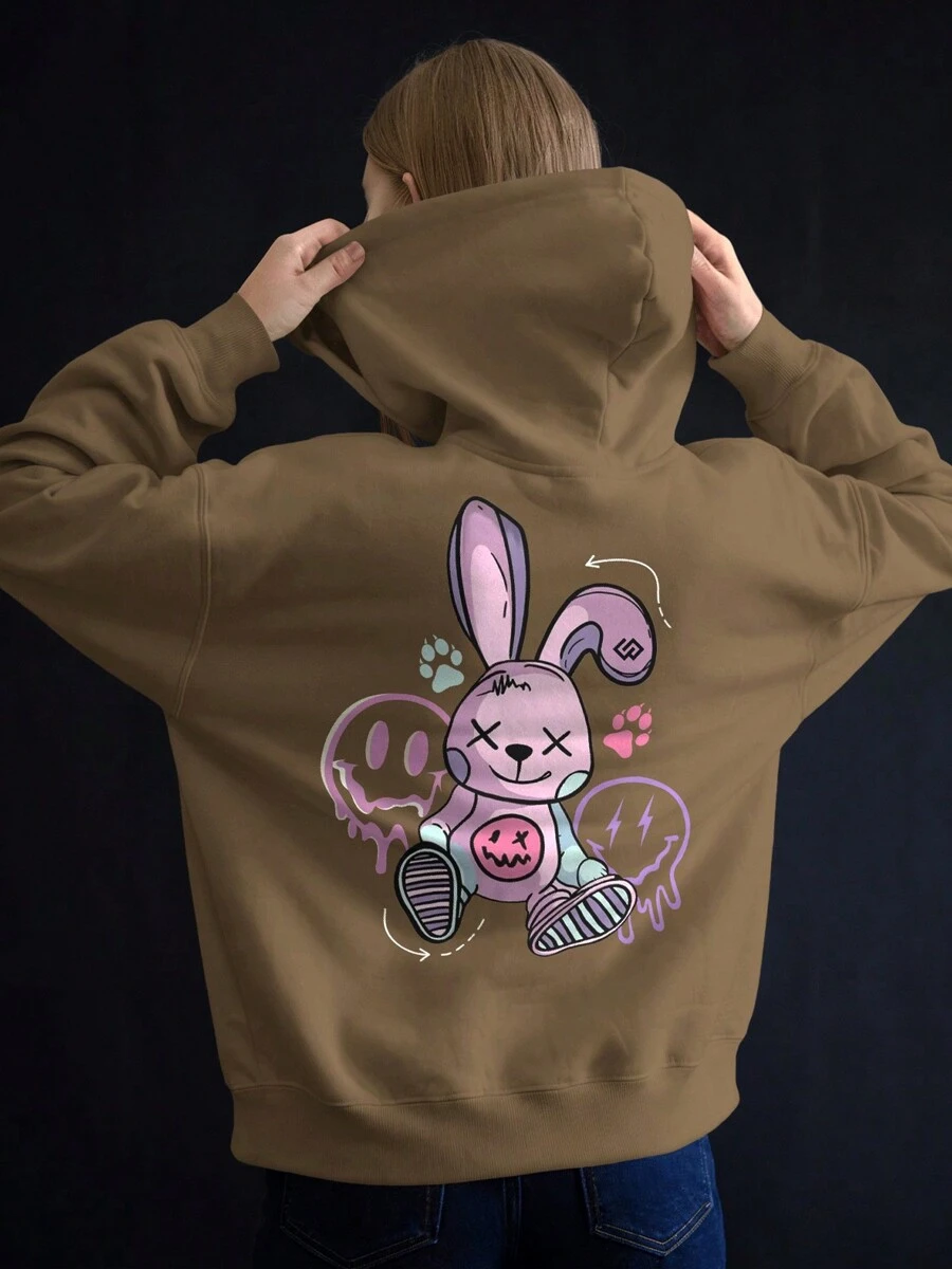 Men's Sweatshirt Printed Casual Hip-Hop Bear Smile Aesthetic Rabbit Streetwear Unisex Women's Sweatshirt Drawstring Hooded - 摩卡棕 - 查看 1