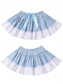 Women Summer Mini Skirts Casual Plaid Print Ruffled A-Line Skirt For Beach Vacation Club Streetwear Aesthetic Clothes - 藍色 - 查看 2