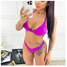 Triangle Bikini With Tie-Up, Ribbed Cup, Bronze Marks, Summer Beachwear - Màu tím - Xem 1