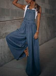 Women's Casual Stretch Denim Bib Overalls Pants Pocketed Speaker Loose Jeans Jumpsuits - Baby Blue - View 3