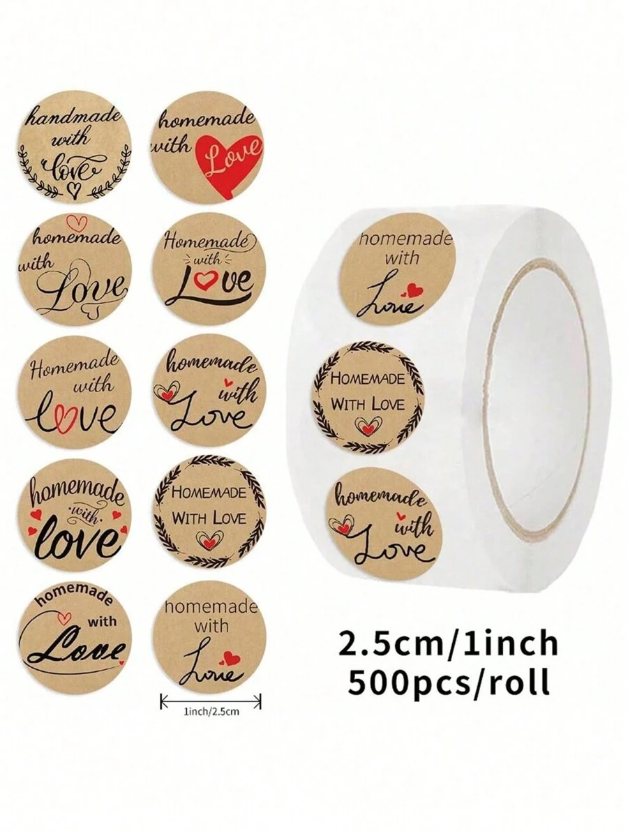 500pcs/Roll "Homemade With Love" Text DIY Creative Doodle Label Stickers Rolls, Waterproof Stickers For Laptop, Skateboard, Water Bottles, Computer, Phone, Guitar,Cartoon Hand Painted Funny Stickers Scrapbook Hand Account Envelope Card Decorative,School Supplies,Back To School - Multicolor - View 1