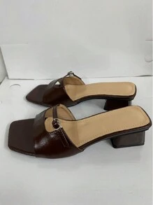 Women's Summer Square Toe Fashionable Plain Slip-On Chunky Heel Peep Toe High Heels, Versatile, Available In Nude And Red Colors