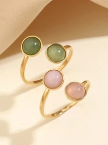 2pcs Stainless Steel Fashion Retro Style Women's Pink And Green Cat's Eye Gemstone Open Ring Set, Suitable For Women's Daily Wear Or Gift Giving