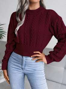 Women's Cable Knit Crew Neck Long Sleeve Cropped Pullover Sweater, Casual For Autumn/Winter - Burgundy - View 3