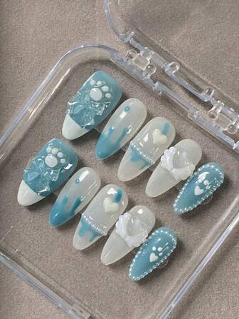 10Pcs/Set Handmade Press On Nails French Tip Almonds ,Valentine'S Day Makeup Decoration Gift For Girls, Handmade With Love Labels,Short,Hand Drawn Handmade Press-On Nails Pieces, Love Angel Feathers Nail Supplies Nails