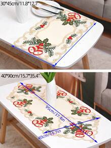 1pc Christmas Candle & Bell Pattern Table Runner, Embroidered Lace Hemmed Artistic Table Runner For Living Room, Bedroom, Dining Table, Tv Cabinet, Sideboard, Chest Of Drawers Etc. - Beige - View 4