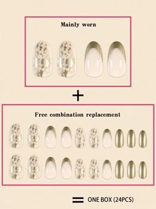 24 件金色法式美甲贴纸，杏仁形指甲贴 + 24 件果冻凝胶 + 指甲锉按压式指甲美甲用品 - 金色 - 查看 3