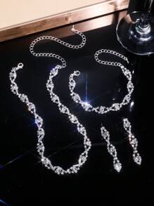 1 套：1 对对称耳环 + 1 条波浪项链 + 1 条手链首饰套装，镶嵌闪亮水钻，优雅性感风格 - 适合女性日常佩戴、婚礼、派对和其他场合。 - 白色 - 查看 2