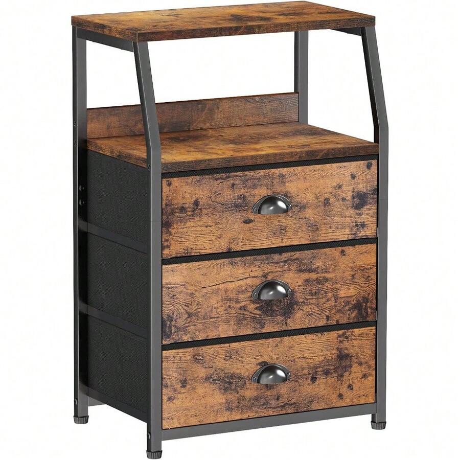 Cómoda alta de 5 cajones Furnulem, torre de almacenamiento vertical de tela para dormitorio, pasillo, entrada, guardería, organizador de armario, mesita de noche, mueble con marco de acero resistente y tapa de madera