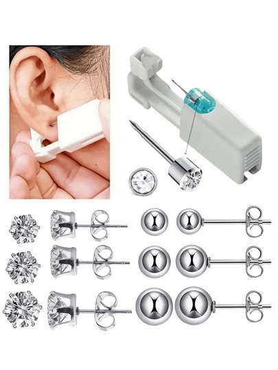 13 件（3 对锆石耳钉 + 3 对不锈钢球形耳钉）+ 第二代一次性无菌穿耳枪/2 件第二代无菌穿耳工具 + 3 对锆石耳钉套装，采用经典皇冠白锆石，适合美容自用穿孔工具和配件