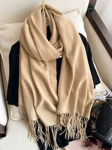 1pc Women's Black Thickened Plush Wool Double-Sided Imitated Cashmere Scarf, Elegant And Fashionable, Couple Shawl Scarf, Versatile And Warm, Suitable For Daily Use In Autumn And Winter