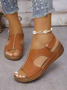 鲨鱼嘴时尚百搭简约女士厚底休闲坡跟厚底凉鞋 - 棕色 - 查看 4