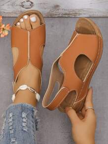 鲨鱼嘴时尚百搭简约女士厚底休闲坡跟厚底凉鞋 - 棕色 - 查看 5