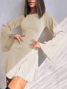 时尚性感圆领纯色喇叭袖镂空系带A字迷你连衣裙，优雅 - 杏色 - 查看 7