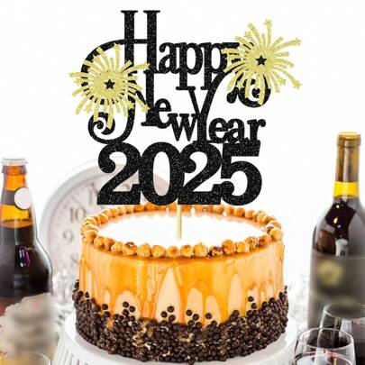 2025 新年快乐烟花图案纸质蛋糕装饰，适合新年派对庆祝，无羽毛，无电