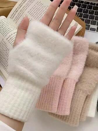 New Mink Fleece Half Finger Gloves For Women's Soft Winter Warmth Luxury Solid Color Plush Knitted Fingerless Gloves
