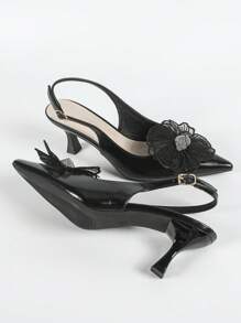 Women's Pointed Toe Rhinestone Lace Floral Decor Stilettos, Elegant Party Evening Sexy Black High Heels - Black - View 6