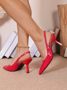 女士漆皮尖头高跟鞋，红色新娘婚礼派对伴娘礼服鞋，别致优雅，踝带凉鞋 - 紅色 - 查看 7