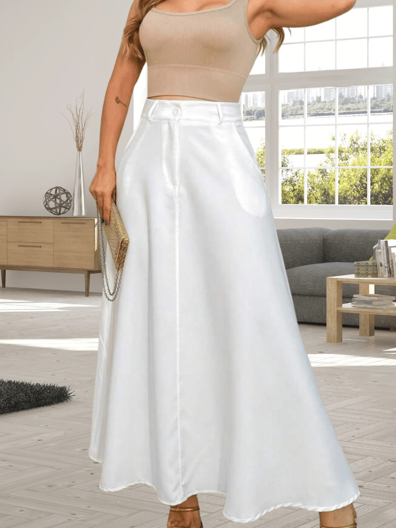 Women's Long Skirt In Twill With FREE Belt - 白色 - 查看 1