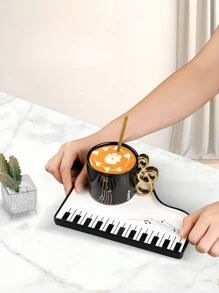 1 pezzo tazza e piattino in ceramica, con chiavi di pianoforte dipinte a mano e pentagramma musicale, set artistico e retrò per tè pomeridiano e dessert, tazze e piattini creativi e personalizzati per bevande, adatti per ristorante, caffè, soggiorno, ufficio