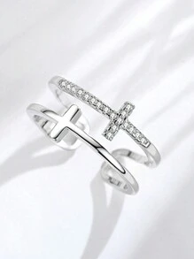 1pc Double Layer Cross Shaped Ring With Rhinestone Detail, Adjustable Open Ring - Silver - View 2