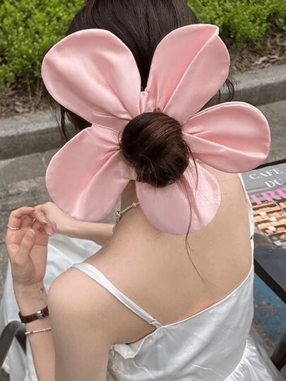 1 件粉色缎面大号发圈，大号花朵风格丝绸发圈，时尚发带，适合浓密/卷发，涤纶材质发圈
