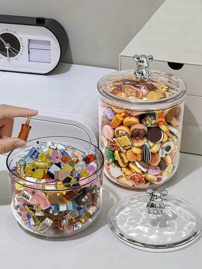 1 pezzo/2 pezzi Scatola espositiva per figure, carina, scatola di stoccaggio. Contenitore per alimenti ermetico - Multiuso, barattolo di plastica riutilizzabile per snack, caramelle, chicchi di caffè, tè, noci e frutta secca - Design rotondo con chiusura a molletta per l'organizzazione della cucina