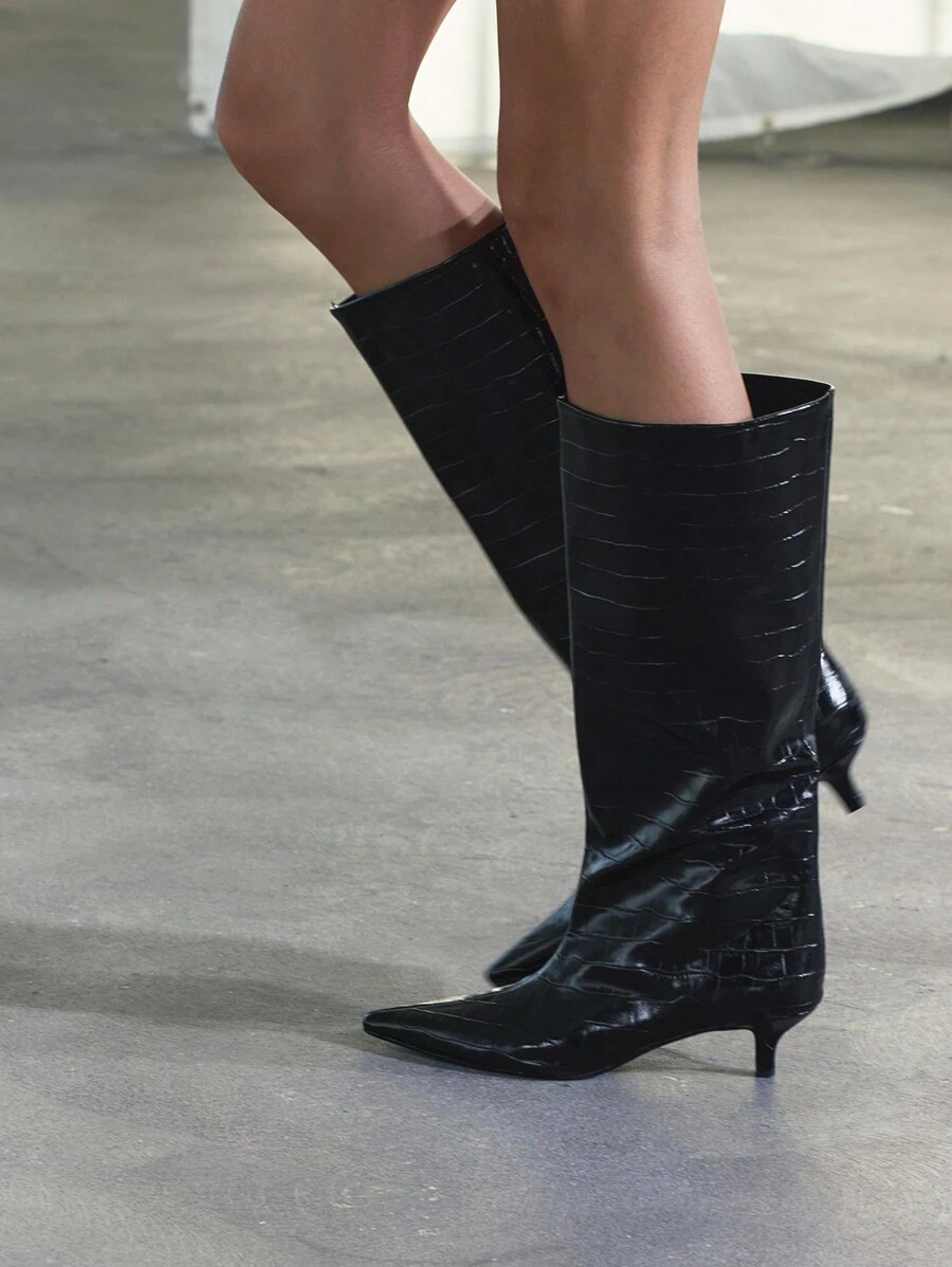 Women's Fashion Black Animal Print Kitten Heel Pointed Toe Over-The-Knee Boots, Wide Shaft, Slim, Suitable For Christmas Party, Autumn/Winter - Black - View 1