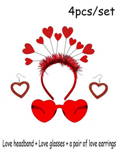 1 Set Red Valentine's Day Sequined Heart-Shaped Headband And Heart-Shaped Holiday Sunglasses + Heart-Shaped Earrings Collection, Perfect For Valentine's Day, Wedding, Birthday, Party Accessories, Suitable For Elegant Girls And Ladies
