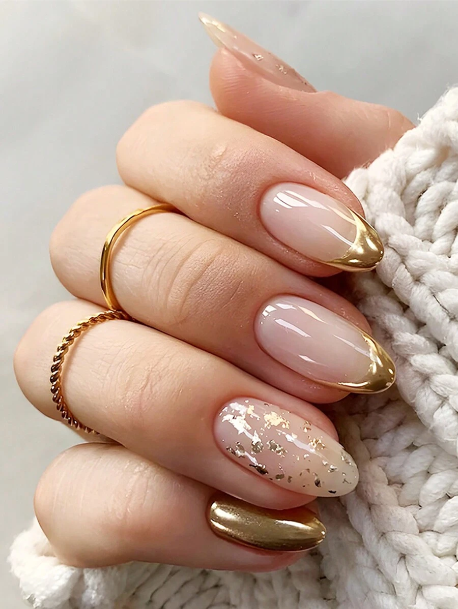 24 件金色法式美甲贴纸，杏仁形指甲贴 + 24 件果冻凝胶 + 指甲锉按压式指甲美甲用品 - 金色 - 查看 1